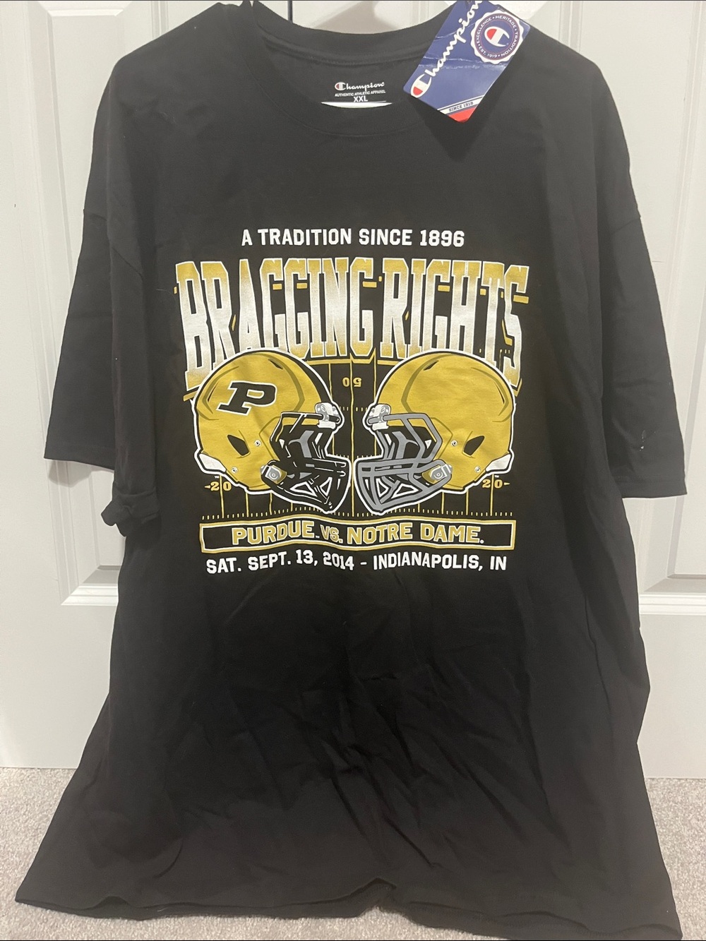 Champion Black Tee with Yellow Purdue Helmet Bragging Rights Graphic